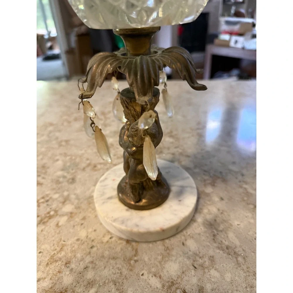 Vintage Cherub Centerpiece‎ Compote Cut Glass Bowl Brass Marble Base Prisms